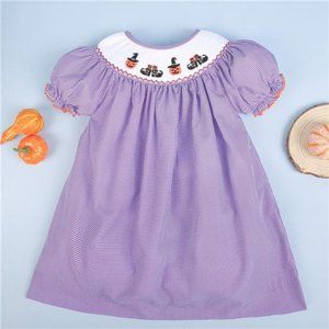New Pumpkins and Witches Feet Purple Halloween Smocked Bishop Dress